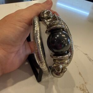 Sculptural Modernist Silver Tone Black Orb Convertible Bracelet Necklace